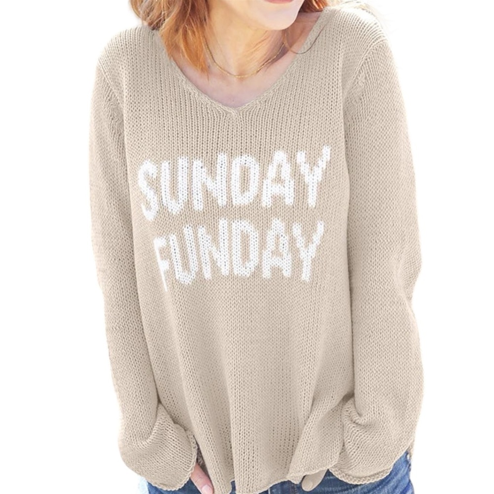 Wooden Ships Sunday Funday‎ Beige V-Neck Sweater Sz S M